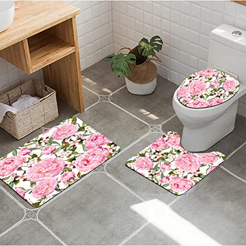 URSOPET Badezimmer Set, rutschfeste Badematte und WC-Vorleger-Set, Rosa böhmische Pfingstrosen-Blumen-Kirschblüte-Blumenwatercolor-Muster-Kirsche Girly weich, wasserabsorbierend,WC-Garnitur, 3-teilig von URSOPET