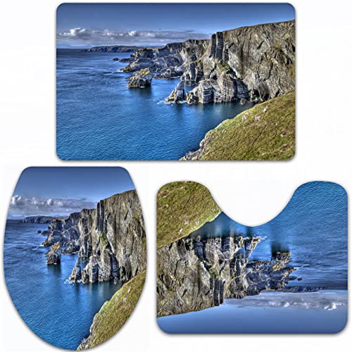 URSOPET Badteppich-Set 3-teilige, rutschfeste,Atlantikküste Klippen bei Mizen Head County Cork Irland Ozean Küstenlandschaft,rutschfeste Badematte, U-förmiger Konturteppich und Toilettendeckel von URSOPET