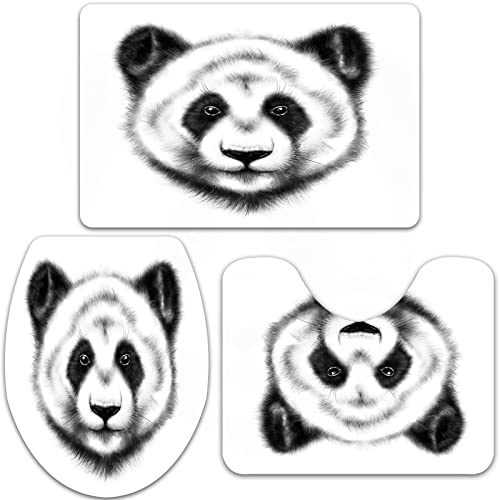 URSOPET Badteppich-Set 3-teilige, rutschfeste,Bambus Handzeichnung Panda White Nose Bear Black Character,rutschfeste Badematte, U-förmiger Konturteppich und Toilettendeckel von URSOPET