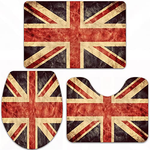 URSOPET Badteppich-Set 3-teilige, rutschfeste,Britischer Union Jack Vintage Retro HD My Collection Set,rutschfeste Badematte, U-förmiger Konturteppich und Toilettendeckel von URSOPET