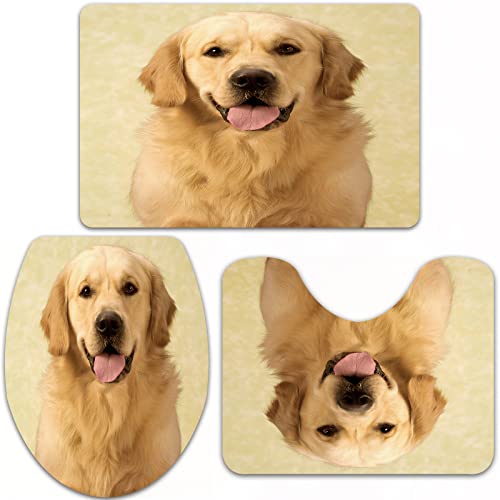 URSOPET Badteppich-Set 3-teilige, rutschfeste,Golden Retriever,rutschfeste Badematte, U-förmiger Konturteppich und Toilettendeckel von URSOPET