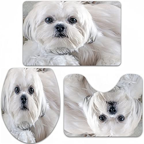 URSOPET Badteppich-Set 3-teilige, rutschfeste,Hund Shih Tzu White Pets Fluffy Friend,rutschfeste Badematte, U-förmiger Konturteppich und Toilettendeckel von URSOPET