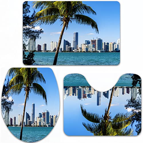 URSOPET Badteppich-Set 3-teilige, rutschfeste,Leaf, Miami Downtown Skyline tagsüber mit Biscayne Bay,rutschfeste Badematte, U-förmiger Konturteppich und Toilettendeckel von URSOPET