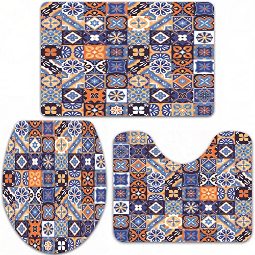 URSOPET Badteppich-Set 3-teilige, rutschfeste,Mexikanische Talavera-Fliesen mit Buntem Muster in Blau-Orange und Weiß-Gelb-Keramik,rutschfeste Badematte, U-förmiger Konturteppich und Toilettendeckel von URSOPET