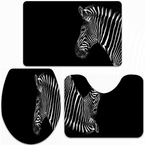 URSOPET Badteppich-Set 3-teilige, rutschfeste,Schwarz-Weiß-Zebra,rutschfeste Badematte, U-förmiger Konturteppich und Toilettendeckel von URSOPET