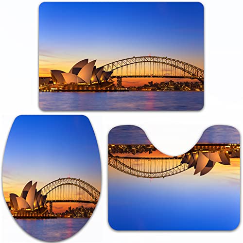 URSOPET Badteppich-Set 3-teilige, rutschfeste,Sydney Australia Opera House View Abenddämmerung am Abend Sydney, Australien,rutschfeste Badematte, U-förmiger Konturteppich und Toilettendeckel von URSOPET