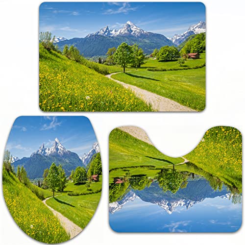 URSOPET Badteppich-Set 3-teilige, rutschfeste,Wohnungsdekor, Frühlingslandschaft in den Alpen mit Blumengras und Schnee,rutschfeste Badematte, U-förmiger Konturteppich und Toilettendeckel von URSOPET