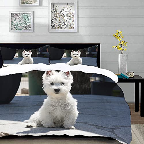 URSOPET Bettwäsche-Set, Mikrofaser,Hund White West Highland Terrier sitzt auf Westie,1 Bettbezug,1 Bettbezug 135 x 200 cm + 2 Kopfkissenbezug 50x80cm von URSOPET