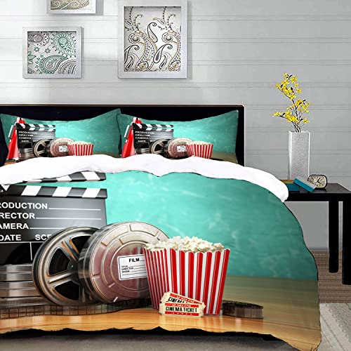 URSOPET Bettwäsche-Set, Mikrofaser,Kinoproduktion Thema 3D-Filmrollen Klappenkarten Popcorn und Megaphon,1 Bettbezug,1 Bettbezug 135 x 200 cm + 2 Kopfkissenbezug 50x80cm von URSOPET