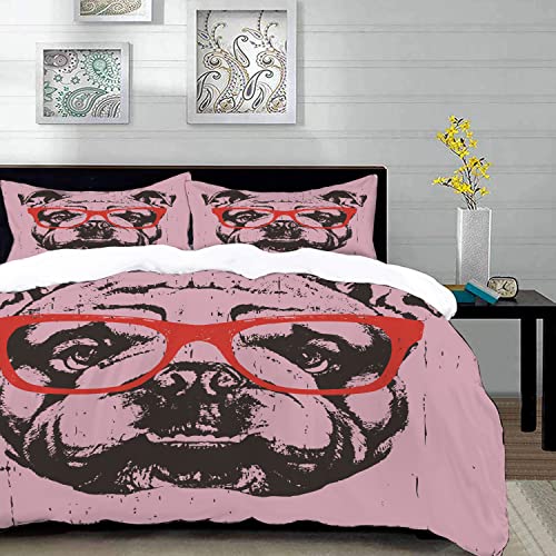 URSOPET Bettwäsche-Set, Mikrofaser,Lustiges Porträt der englischen Bulldogge mit roten Gläsern,1 Bettbezug,1 Bettbezug 135 x 200 cm + 2 Kopfkissenbezug 50x80cm von URSOPET