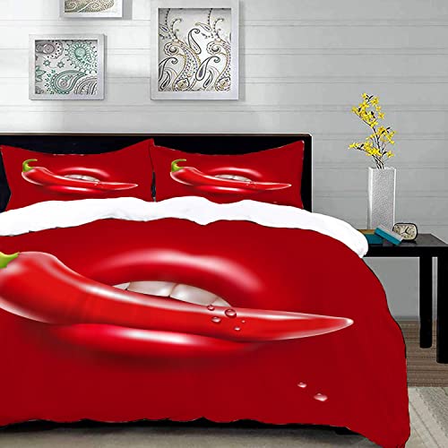 URSOPET Bettwäsche-Set, Mikrofaser,Rote Chilischote in Frau tropft und Mund sexy gemütliche Soße,1 Bettbezug,1 Bettbezug 135 x 200 cm + 2 Kopfkissenbezug 50x80cm von URSOPET