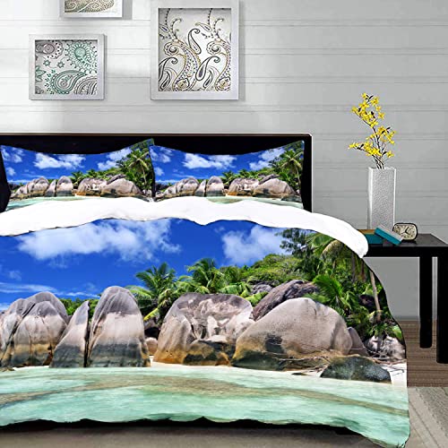 URSOPET Bettwäsche-Set, Mikrofaser,Strand Seychellen Seascape Resort,1 Bettbezug,1 Bettbezug 135 x 200 cm + 2 Kopfkissenbezug 50x80cm von URSOPET