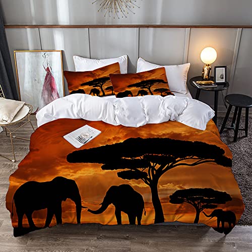 URSOPET Bettwäsche-Set,Mikrofaser,Mutter und Baby Afrikanischer Elefant Sonnenuntergang,1 Bettbezug 240 x 260 cm + 2 Kopfkissenbezug 80x80cm von URSOPET