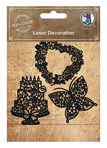 Ursus 40960004 - Laser Decoration, Hochzeit, 3 Stück sortiert in verschidenen Motiven, schwarze Foliensticker mit Samtveredelung, ideal zum verzieren Kartengestaltung und Scrapbooking von Ursus