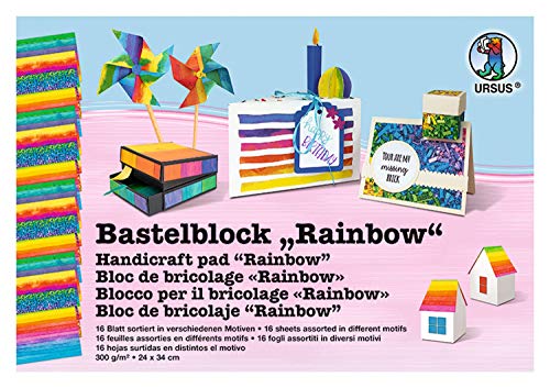 Ursus 12690011 - Bastelblock Rainbow, ca. 24 x 34 cm, 16 Blatt in 4 verschiedenen Motiven, 300 g/qm, beidseitig bedruckt, aus Frischzellulose, ideale Grundlage für kreative Bastelarbeiten von Ursus