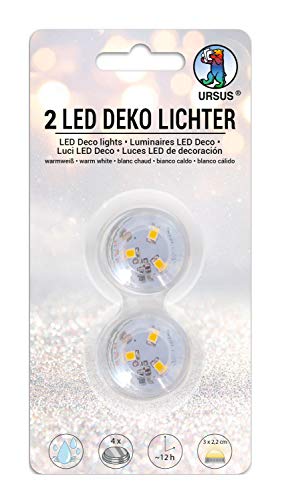 Ursus 18600000 - LED Deko Lichter, 2 Stück, Leuchtdauer ca. 12 Stunden, warmweißes Licht, wasserdicht, inklusive Batterien und Klebepads, ideal als Dekolicht, für Laternen und als Ersatz für Kerzen von Ursus