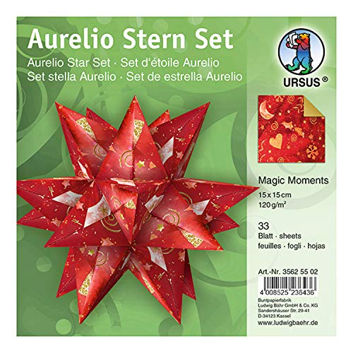 Ursus 35625502 - Faltblätter Aurelio Stern Magic Moments Star Night, rot / gold, 33 Blatt, aus Kreativpapier 120 g/qm, ca. 15 x 15 cm, beidseitig bedruckt, mit Veredelung, ideal als Weihnachtsdeko von Ursus