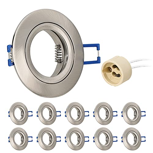 URing 10er Einbaustrahler GU10 Set Aluminium Nickel, Einbaustrahler Rahmen Einbaurahmen Spot Einbauspots inkl GU10 Fassung für LED Halogen, Rund Decken Einbauleuchten Lochdurchmesser 60-70mm, 230V von URing