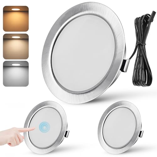 URing 3er Set 12V LED Einbaustrahler Dimmbar 3W Einbauleuchten 55-58mm LED Spots 3000K 4000K 6000K Deckenspots Küche Einbauspots Flach Möbel Einbaustrahler mit 2M Kabel, Nickel von URing