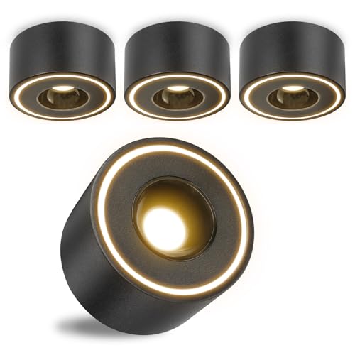URing 4 Stück LED Aufbauspot Schwarz - Extra Flach - Ø97x55mm - Aufbauleuchte LED 8W 1680lm - 3000K warmweiß - Runde Aufbaustrahler 230V, Deckenspots aus Aluminium, Aufputz Deckenstrahler von URing