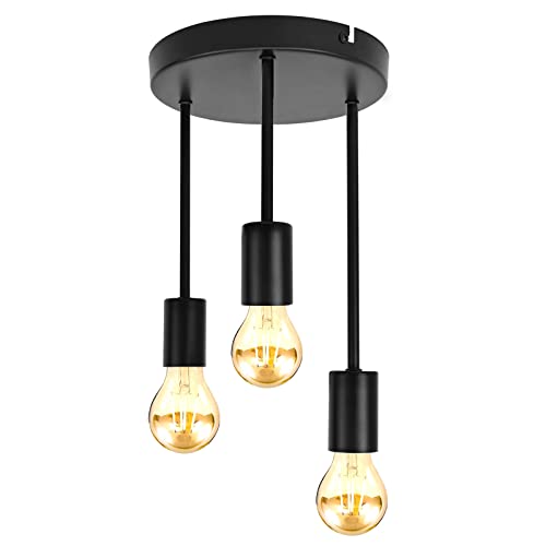 URing Deckenlampe 3 flammige Retro, E27 Vintage Deckenleuchte Schwarz, Industrial Hängelampe Pendellampe Kronleuchter lampe decke für Wohnzimmer Küche Esszimmer Bar Restaurant, 230V, matt Schwarz von URing