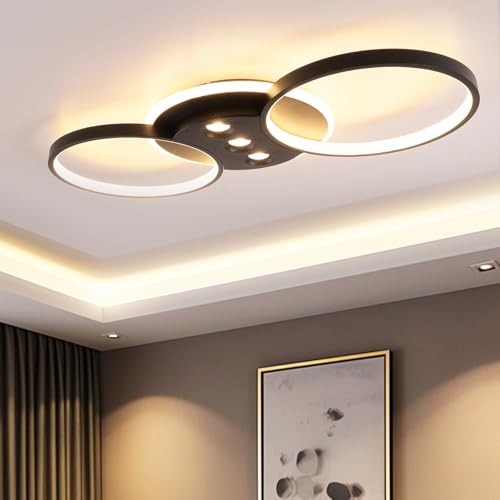 URing Deckenlampe LED Wohnzimmerlampe 3 Ringe Deckenleuchte Schwarz 60W Schlafzimmerlampe Dimmbar mit Fernbedienung - 60CM Modern Küchenlampe für Wohnzimmer Schlafzimmer Esszimmer von URing