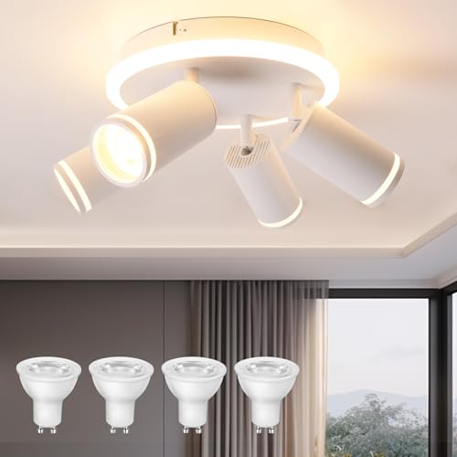 URing Deckenstrahler 4 Flammig Rund - LED Deckenleuchte Schwenkbar - mit Unteres Glühen 8W+4x5W GU10 - Modern Deckenlampe Strahler Weiß - 3000K Warmweiß Strahler Deckenspot Lampe für Wohnzimmer, Küche von URing
