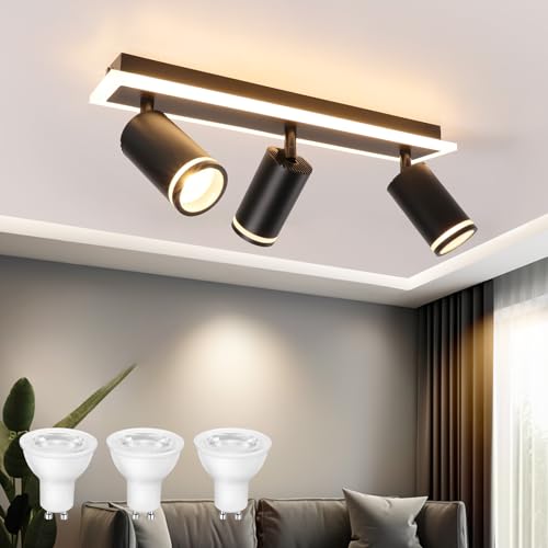 URing Deckenstrahler LED Schwarz Deckenstrahler 3 Flammig Schwenkbar 350° Deckenleuchte mit unteres Glühen 10W+ 3x5W GU10 Spots, Küchenlampe GU10 Deckenlampe Spots Deckenleuchte für Schlafzimmer von URing