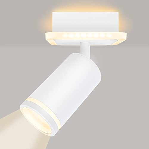 URing LED Deckenstrahler 1 flammig Schwenkbar, Deckenlampe Deckenleuchte mit unteres Glühen 3W+ 1x 5W GU10 850LM, 3000K Warmweiß Deckenspots lampe decke strahler Wandspot Spot für Küche, Weiß matt von URing