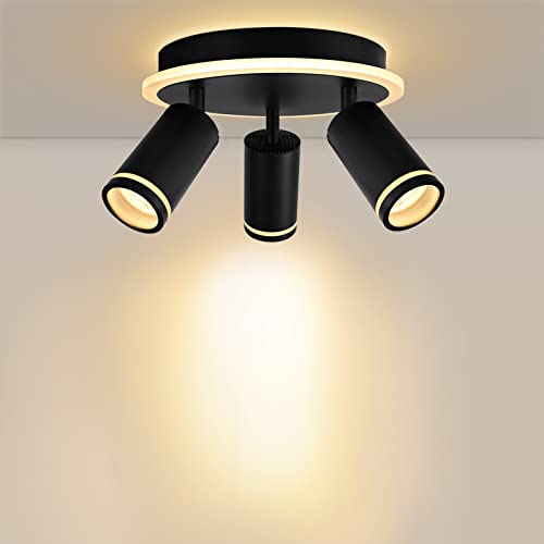 URing Deckenlampe LED Deckenstrahler 3 flammig Schwarz - Flur Deckenleuchte mit unteres Glühen Warmweiß 8W+ 3x 5W GU10 2200LM 3000K Rund Deckenspots Modern Schwenkbar lampe decke Wandspot für Küche von URing