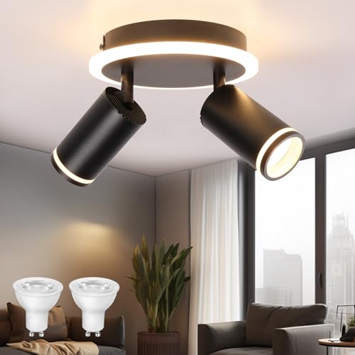 URing LED Deckenstrahler Schwarz Deckenstrahler 2 Flammig Schwenkbar 350° Deckenleuchten Rund - mit Unteres Glühen 6W+2x5W GU10 - Lampe Küche Spots Deckenleuchte 3000K Warmweiß Deckenlampe für Flur von URing