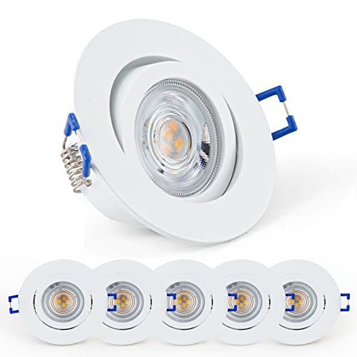 URing LED Einbaustrahler Dimmbar Schwenkbar Flach, LED Spot inkl wechselbarem 230V 5W 650LM warmweiß 3000K LED Modul, bohrloch 68mm - 75mm, Rund Deckenspots für Wohnzimmer, Badezimmer, Büro, 6 Stück von URing