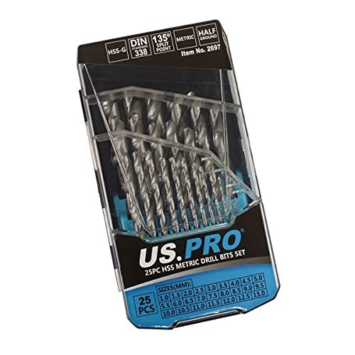 us pro Bohrer-Bit-Set aus HSS-Metall, Metrisch, 1 mm – 13 mm, 25 Stück, mit Box, 2642 von US PRO