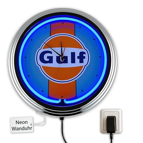 US-Way.de Gulf Rennen WallClock Deko-Clock – 44 cm Durchmesser, Deko-Wanduhr ohne Tickgeräusche und gut lesbares Display, USA 50er-Jahre-Stil Neon-Uhr für Küche, Wohnzimmer, Büro (Blau) von US-Way.de