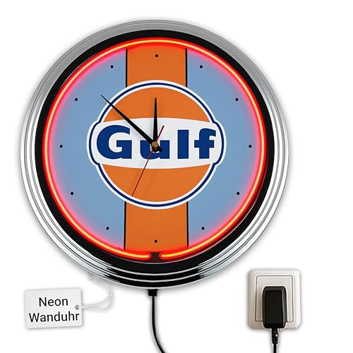 US-Way.de Gulf Rennen WallClock Deko-Clock – 44 cm Durchmesser, Deko-Wanduhr ohne Tickgeräusche und gut lesbares Display, USA 50er-Jahre-Stil Neon-Uhr für Küche, Wohnzimmer, Büro (Rot) von US-Way.de