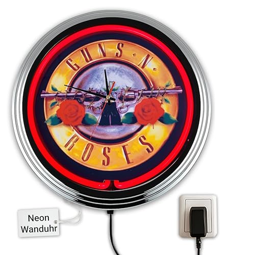 US-Way.de Retro Neon Guns N Roses – 44 cm Durchmesser, Batteriebetriebene, Deko-Wanduhr ohne Tickgeräusche und gut lesbares Display, USA 50er-Jahre-Stil Neon-Uhr für Küche, Wohnzimmer, Büro (Red) von US-Way.de