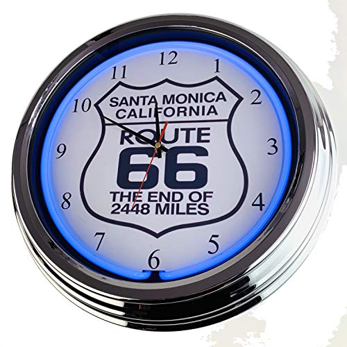 Neon Clock Route 66 Santo Monica Californien WallClock Deko-Clock LeuchtClock USA 50's Style Retro NeonClock Dining Room Kitchen Living Room Office (Blue) von US-Way.de