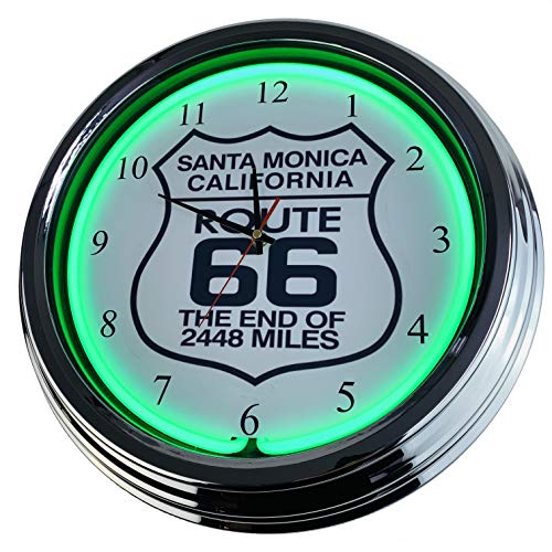 Neon Clock Route 66 Santo Monica Californien WallClock Deko-Clock LeuchtClock USA 50's Style Retro NeonClock Dining Room Kitchen Living Room Office (Green) von US-Way e.K.