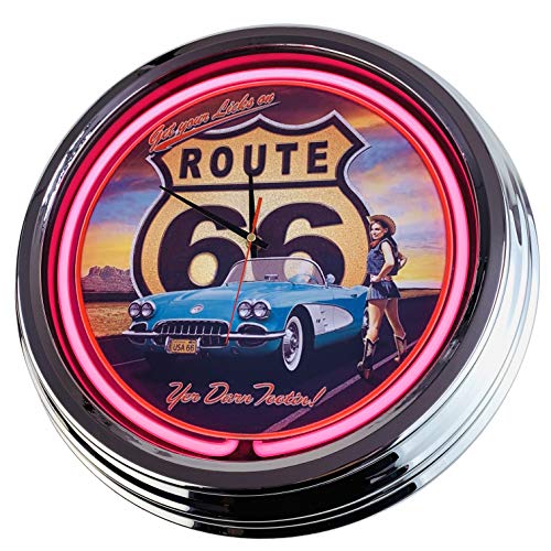Neon Clock Route 66" WallClock Deko-Clock LeuchtClock USA 50's Style Retro NeonClock Dining Room Kitchen Living Room Office (Pink) von US-Way.de