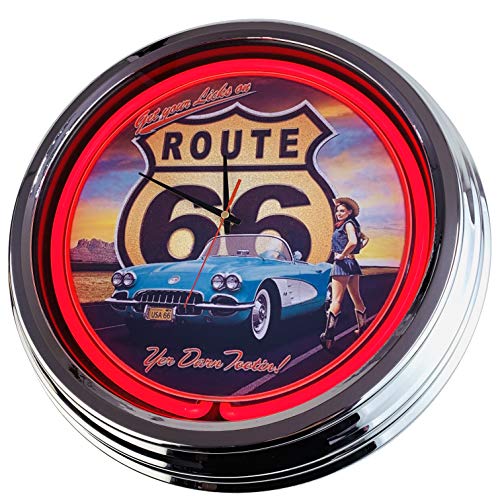 Neon Clock Route 66" WallClock Deko-Clock LeuchtClock USA 50's Style Retro NeonClock Dining Room Kitchen Living Room Office (Red) von US-Way.de
