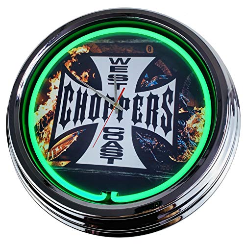 Neon Clock West Coast Chopper WallClock Deko-Clock LeuchtClock USA 50's Style Retro NeonClock Dining Room Kitchen Living Room Office (Green) von US-Way.de