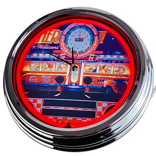 US-Way.de Diner Williams 1990 WallClock Deko-Clock – 44 cm Durchmesser, Deko-Wanduhr ohne Tickgeräusche und gut lesbares Display, USA 50er-Jahre-Stil Neon-Uhr für Küche, Büro (Rot) von US-Way.de