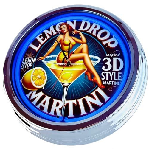 US-Way.de Aperitif Lemon Drop WallClock Deko-Clock – 44 cm Durchmesser, Deko-Wanduhr ohne Tickgeräusche und gut lesbares Display, USA 50er-Jahre-Stil Neon-Uhr für Küche, Wohnzimmer, Büro (Blau) von US-Way.de