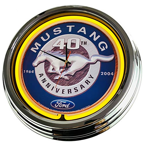 Neon Clock Mustang 40th WallClock Deko-Clock LeuchtClock USA 50's Style Retro NeonClock Dining Room Kitchen Living Room Office (Yellow) von US-Way.de