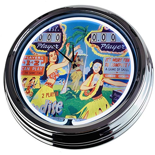 US-Way.de Paradise Gottlieb 1965 WallClock Deko-Clock – 44 cm Durchmesser, Deko-Wanduhr ohne Tickgeräusche und gut lesbares Display, USA 50er-Jahre-Stil Neon-Uhr für Küche, Büro (Weiß) von US-Way.de