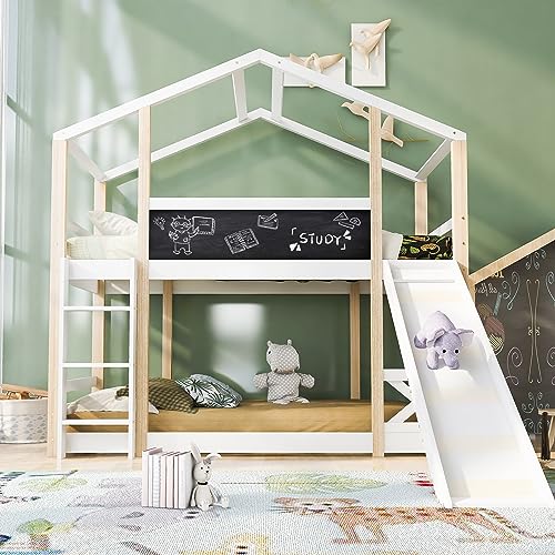 Baumhaus Kinderbett 90 x 200 mit 3 Treppe & Rutsche, Hochbett für 2 Kinder mit Rutsche und Lattenrost,Funktionsbett Hochbett Stockbett Jugendhochbett, Keine Matratze von USEBEM