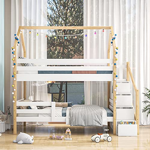 Hausbett kinder,Ins und aus dem Bett kommen,Jugendbett 90x200,Kinderbett in Hausform,Leiterschrank,ohne Matratze,weißund Holzfarbe von USEBEM