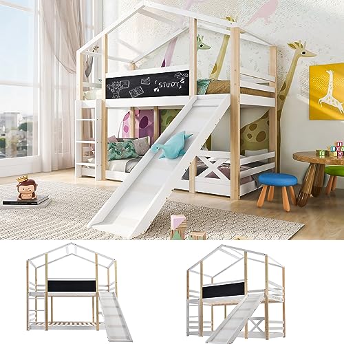 Kinderbett Baumhaus mit Rutsche & Leiter 90 x 200 cm, Hochbett für Kinder– 2X Lattenrost- Natur & Weiß (Mit Rutsche) von USEBEM