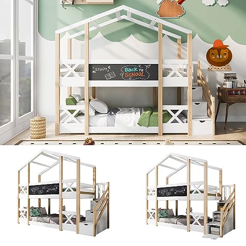 Kinderbett Hausbett 90x200 Etagenbett für 2 Kinder,Baumhaus Hochbett mit Tafel und Schließfächer,Holzbett Kinderbetten mit Rausfallschutz und Lattenrost,Treppe,ohne Matratze,Natur & Weiß von USEBEM