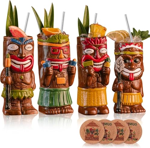 USEEKRIL Cocktail-Tiki-Becher, 4er-Set – Exotischer Becher mit 4 Untersetzern und 4 Strohhalmen, süße Cocktail gläser aus Keramik im Hawaii-Stil für Partys und tropische Tiki-Bars USEEKRIL Cocktail-Tiki-Becher, 4er-Set – Exotischer Becher mit 4 Untersetzern und 4 Strohhalmen, süße Cocktail gläser aus Keramik im Hawaii-Stil für Partys und tropische Tiki-Bars von USEEKRIL